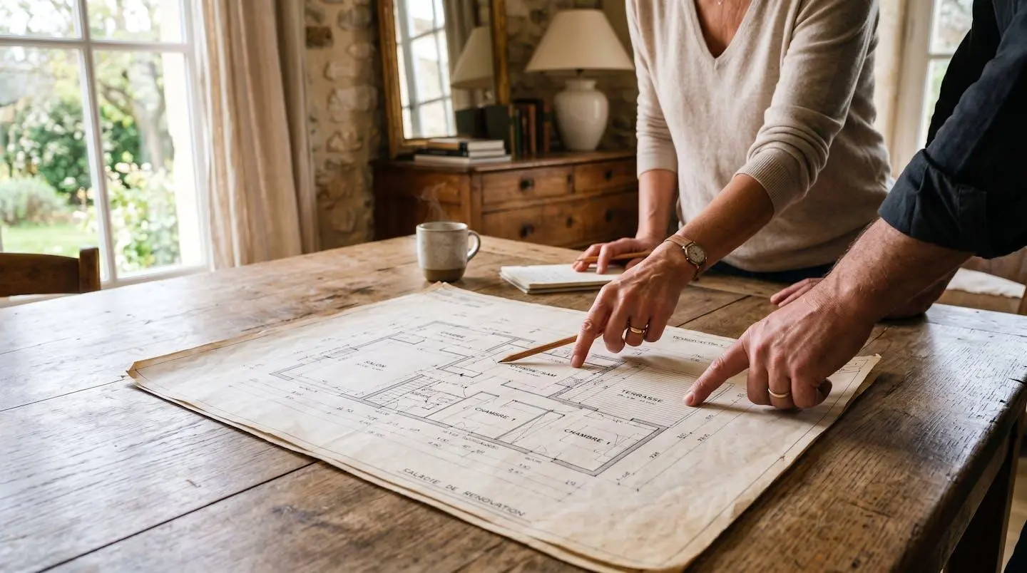 Personne consultant un plan de maison posé sur une table pour calculer la surface à chauffer avec un poêle à bois