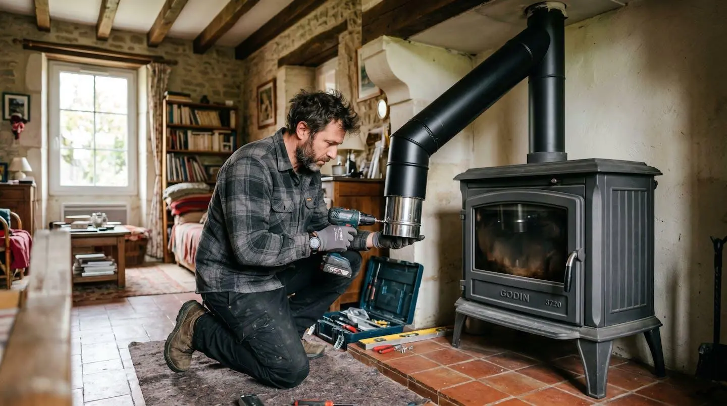Technicien certifié RGE en train de raccorder un conduit de fumée lors de l'installation d'un poêle à bois dans une maison