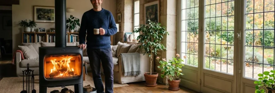 Propriétaire de maison debout devant un poêle à bois allumé dans un salon lumineux, calculant la surface à chauffer